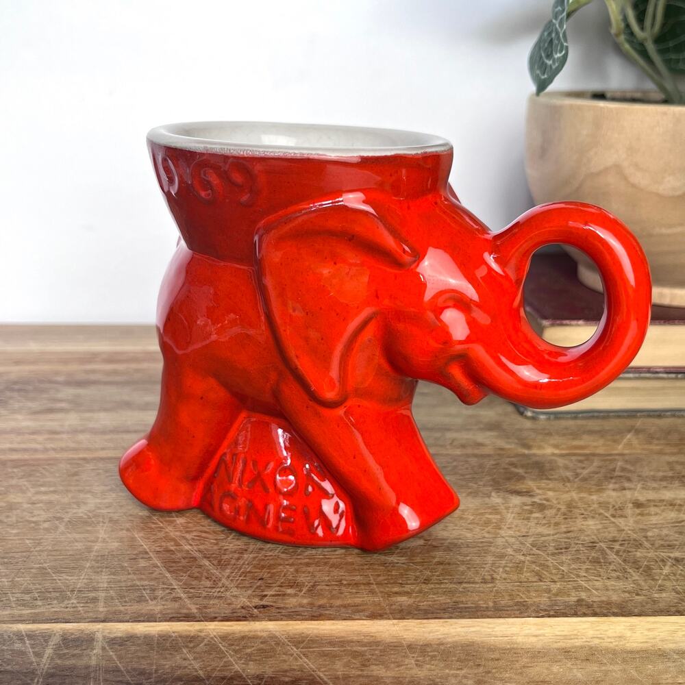 Vintage 1969 Frankoma Pottery GOP Inauguration Elephant Mug Nixon/Agnew Red